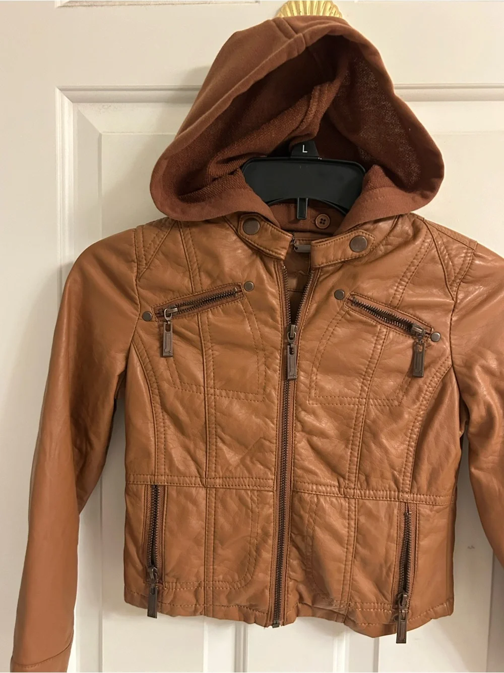 NWT-Girls Hooded Mocha Faux Leather Moto Jacket - Tan